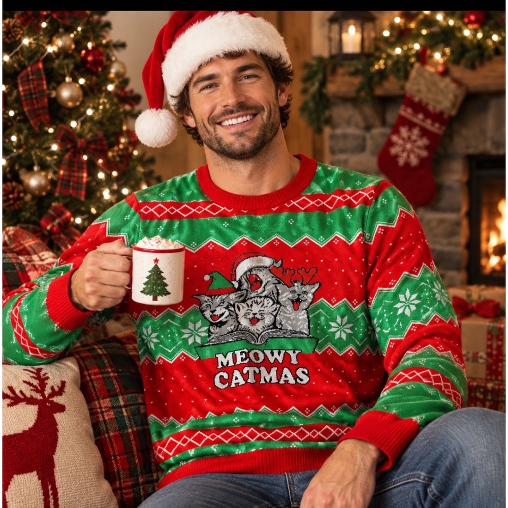 Mad Engine Meowy Catmas Sweater Mens XL Red Green Festive Ugly Holiday Knit